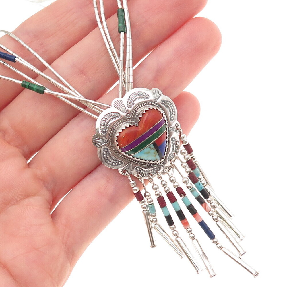 Quoc Turquoise Old Pawn 925 Sterling Silver Vintage Multi-Gem Heart Necklace 24"